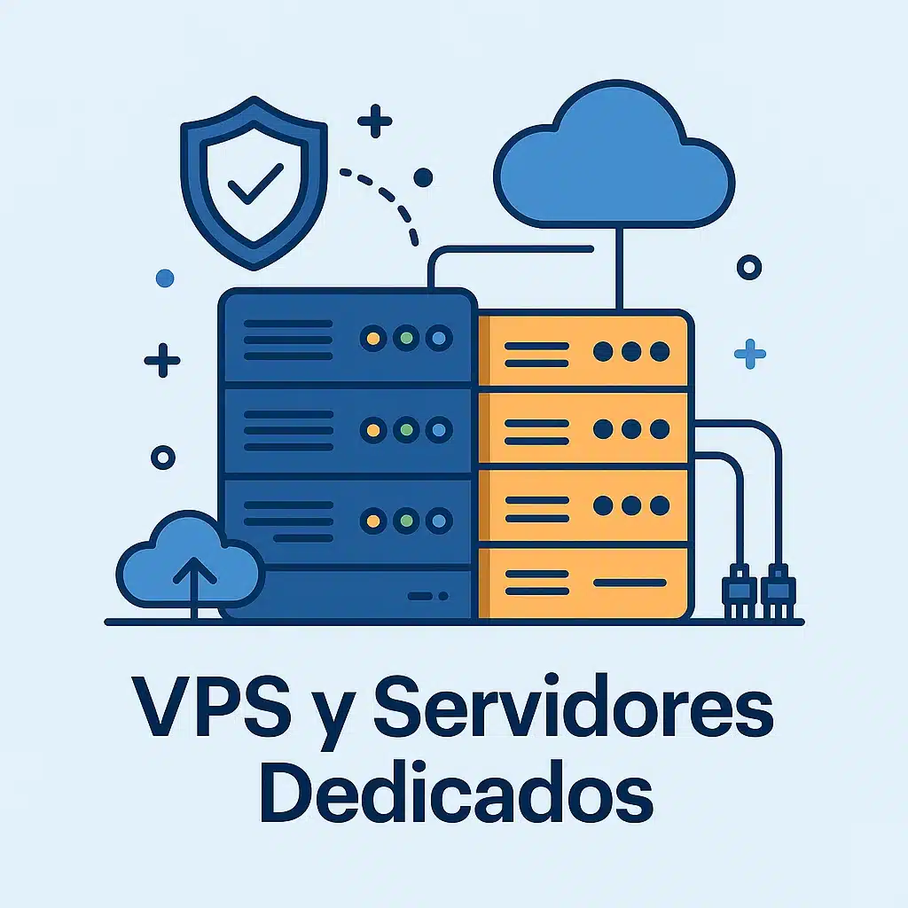 Ilustración digital que representa VPS y Servidores Dedicados, con racks de servidores, iconos de nube, escudo de seguridad y cables de red, simbolizando infraestructura web avanzada y alojamiento de alto rendimiento.