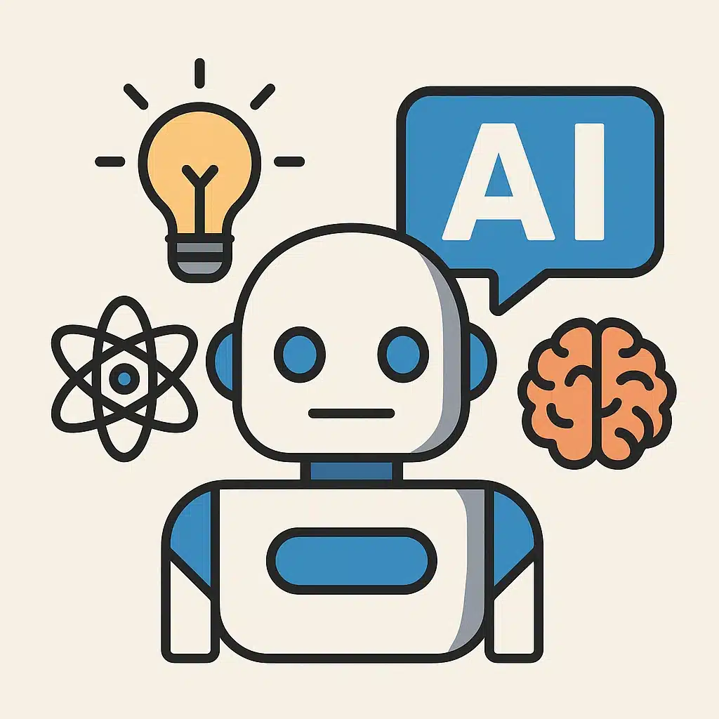 Ilustración digital de un robot con un ícono de cerebro, una bombilla, un átomo y un bocadillo con las letras 