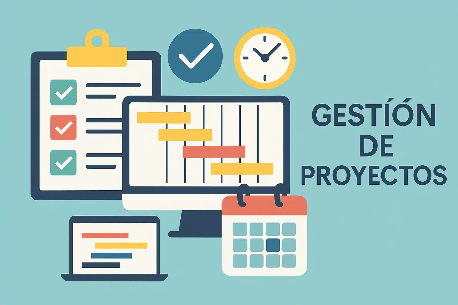 Ilustración digital con un monitor mostrando un diagrama de Gantt, una agenda, un calendario y una lista de tareas con checklists, representando la organización y planificación de proyectos.