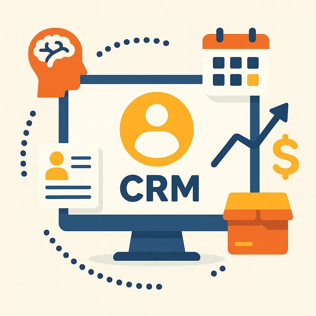 Ilustración digital de un monitor con el texto CRM, rodeado de íconos de contacto, cerebro, calendario y gráfico de ventas, representando la gestión de relaciones con clientes y automatización de procesos comerciales.