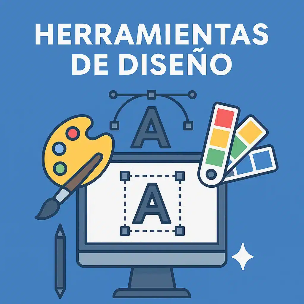 Ilustración digital de una pantalla con elementos gráficos de diseño como una paleta de colores, pincel, tipografía y carta de color, representando herramientas de diseño gráfico y edición visual.
