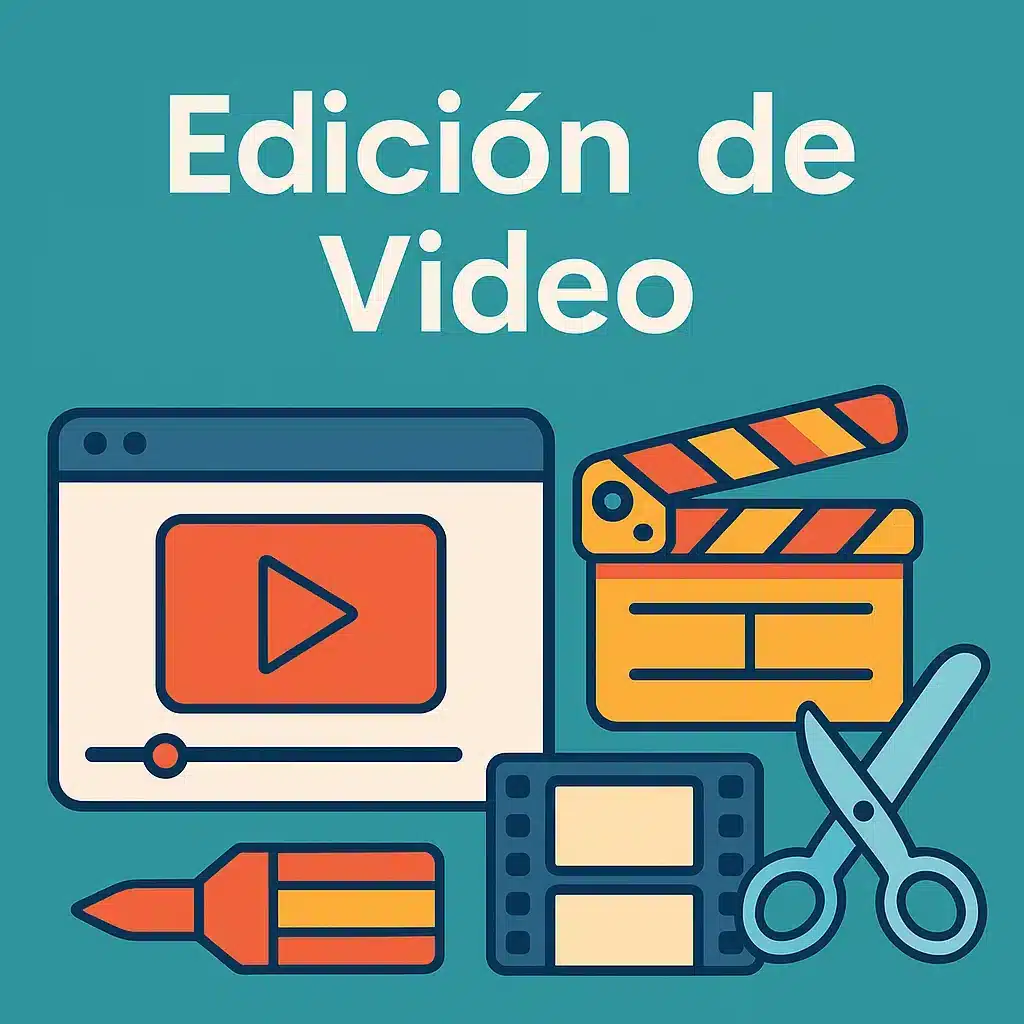 Ilustración digital con el texto “Edición de Video” y elementos como un reproductor con botón de play, una claqueta, una tira de película, tijeras y un marcador, representando herramientas de edición audiovisual.