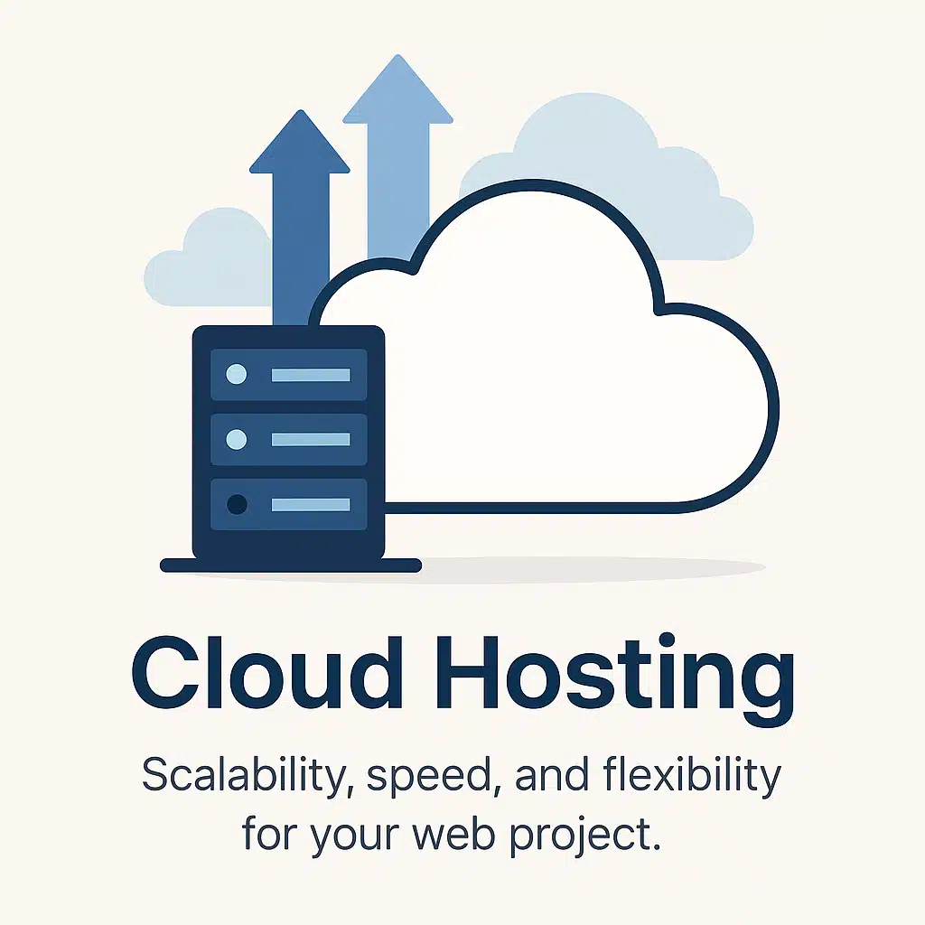 Ilustración de un servidor conectado a una nube con flechas ascendentes, representando escalabilidad y alojamiento web en la nube.