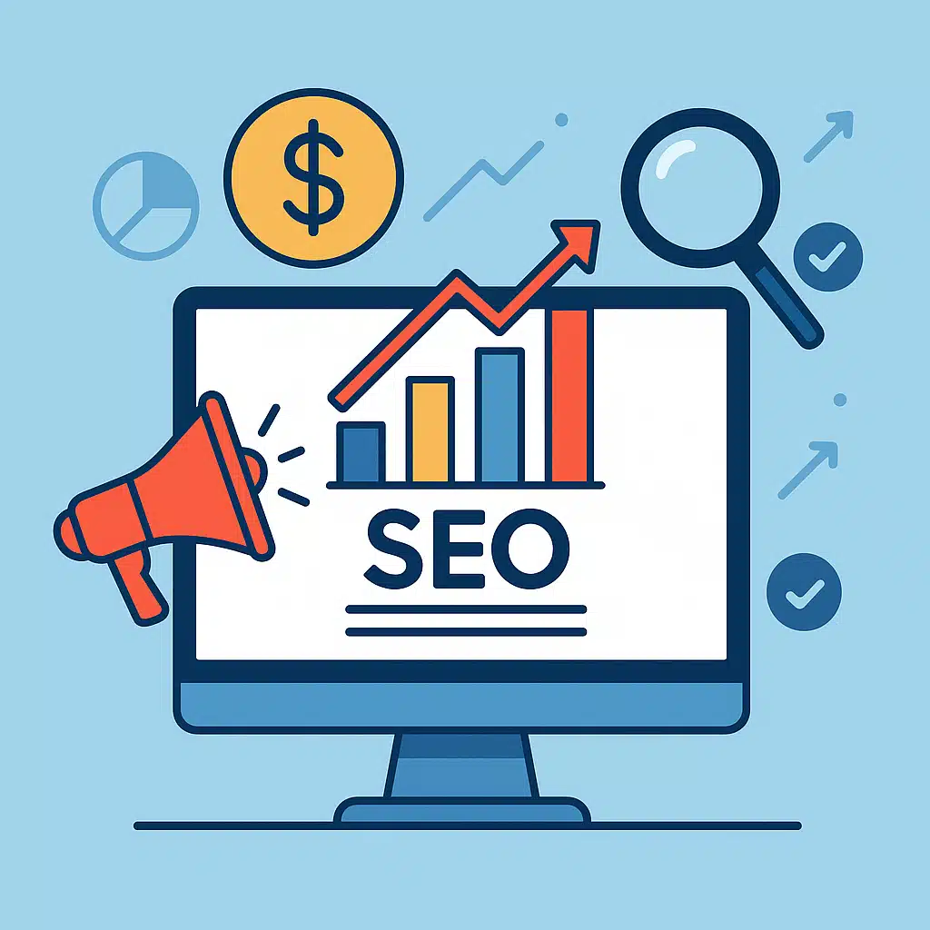 Ilustración digital de una pantalla con una gráfica ascendente y la palabra SEO, acompañada de un megáfono, una lupa, un símbolo de dólar y un gráfico circular, representando estrategias de marketing digital y posicionamiento web.
