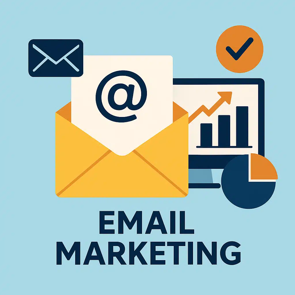 Ilustración digital de un sobre amarillo con el símbolo @, gráficos de barras y pastel, y una pantalla con una flecha ascendente, representando el crecimiento a través del email marketing.