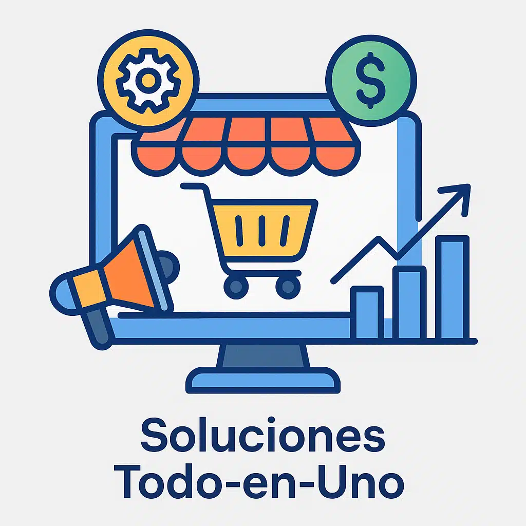 Ilustración digital de una pantalla con carrito de compras, engranaje, megáfono, gráfico ascendente y símbolo de dólar, representando una plataforma eCommerce todo-en-uno.