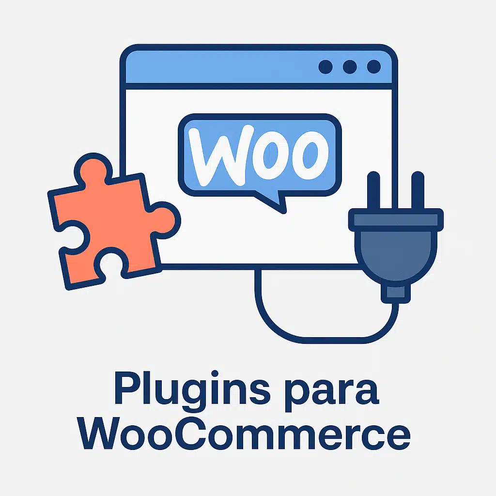 Ilustración digital con el logo de WooCommerce en una ventana, acompañada de una pieza de rompecabezas y un enchufe, representando extensiones y conectividad para tiendas online con WordPress.