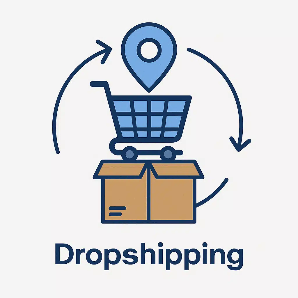 Ilustración digital de un carrito de compras sobre una caja de envío, con un marcador de ubicación y flechas circulares, simbolizando el modelo de negocio de dropshipping y logística automatizada.
